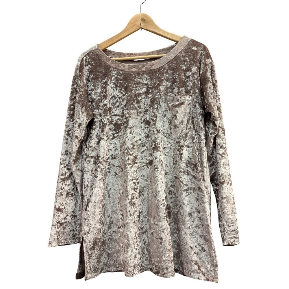 Kori America Small Crushed Velvet Long Sleeve Tunic Top Taupe